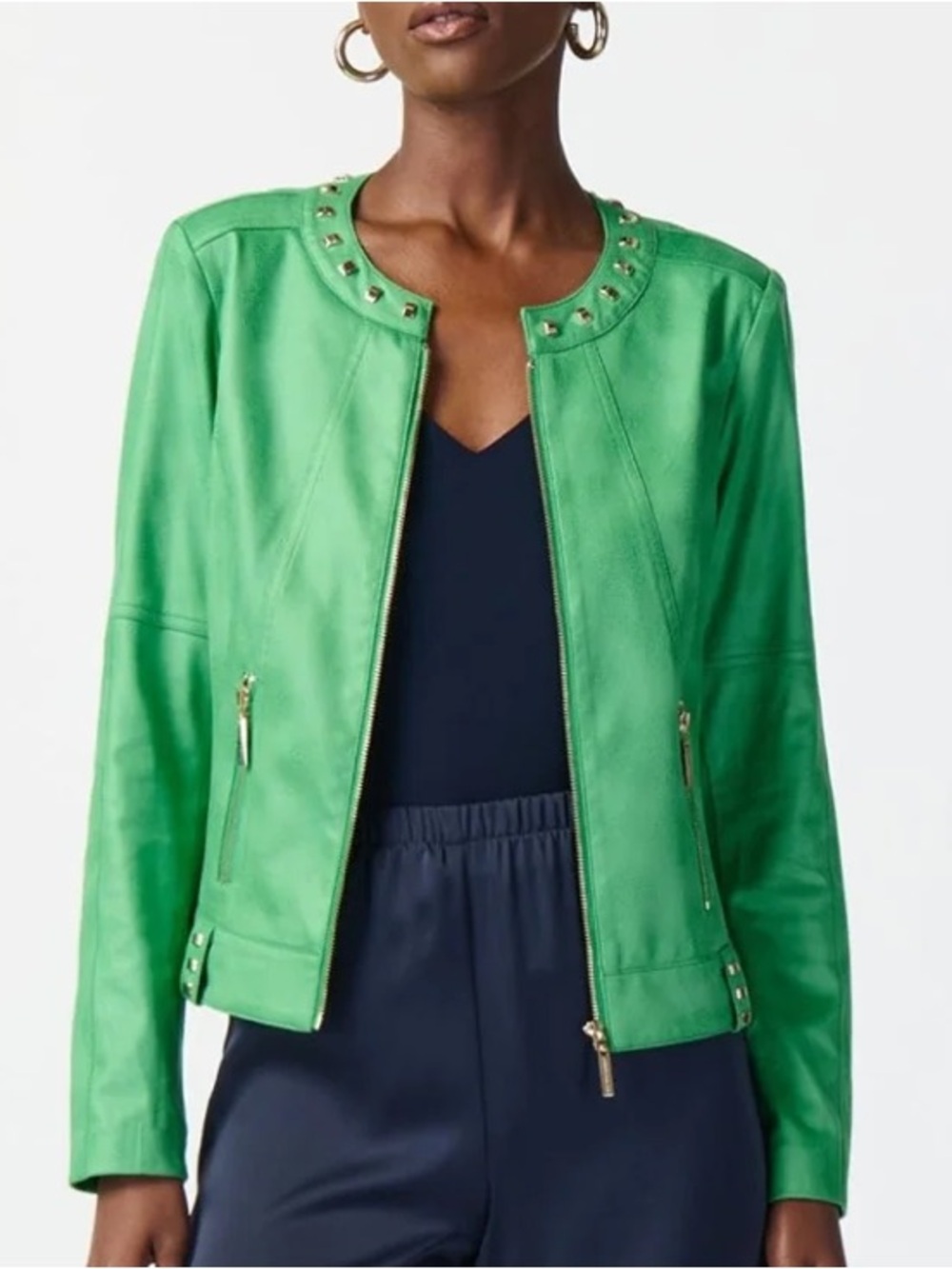 Joseph Ribkoff XS Studded Bright Green Collarless Faux Leather Jacket